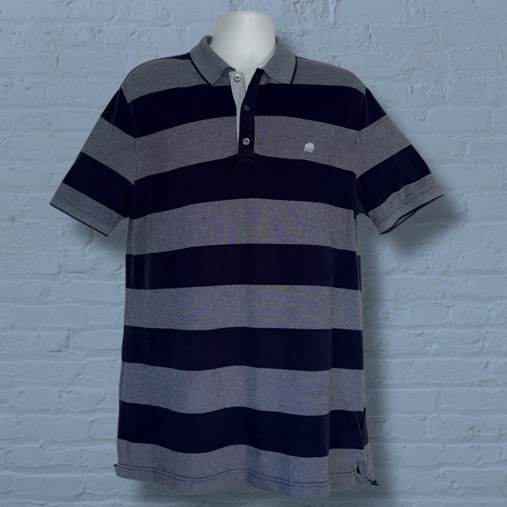 Banana Republic Striped Polo Shirt Men’s Large Navy Gray Knit Elephant Logo